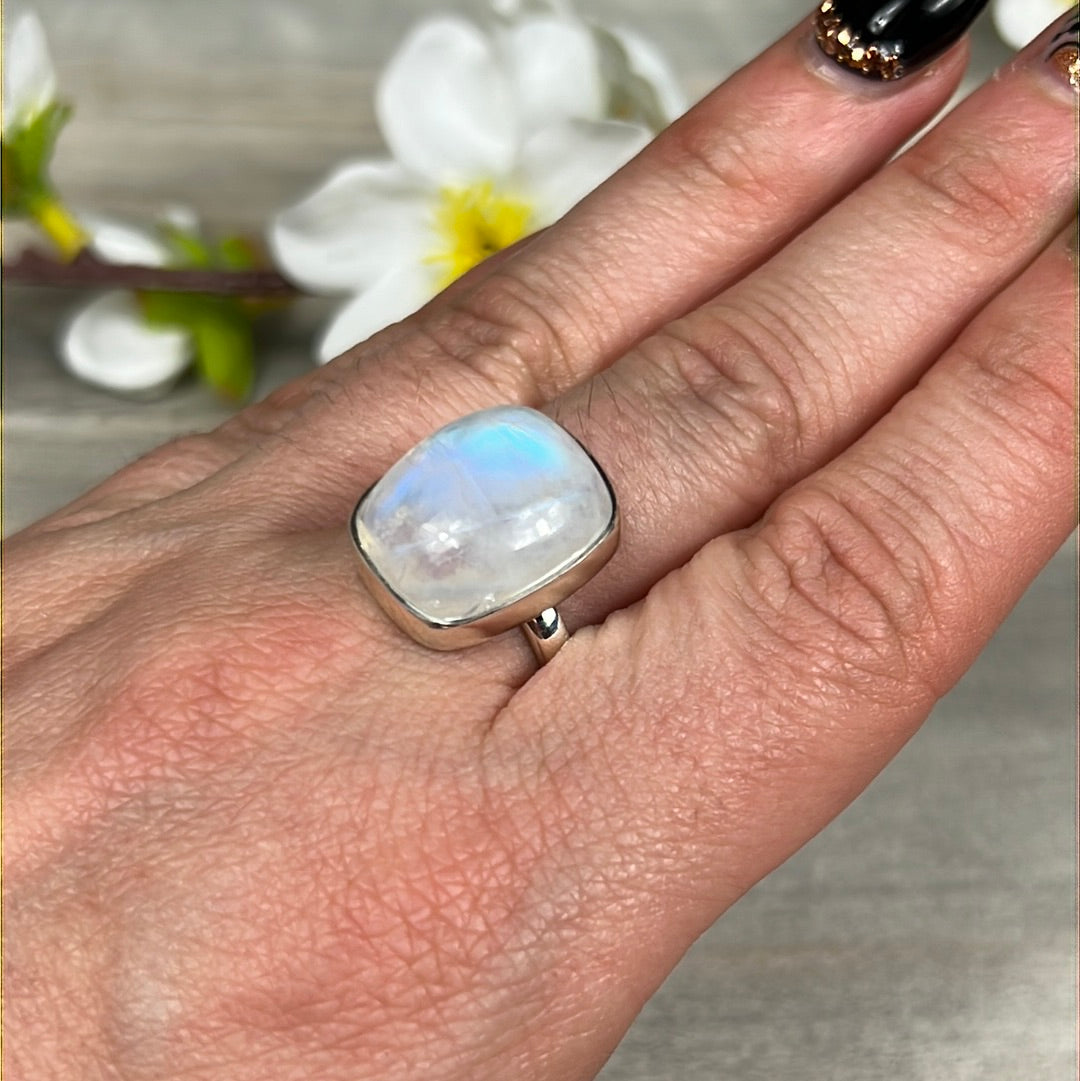 Rainbow Moonstone 925 Silver Ring -  Size O - O 1/2