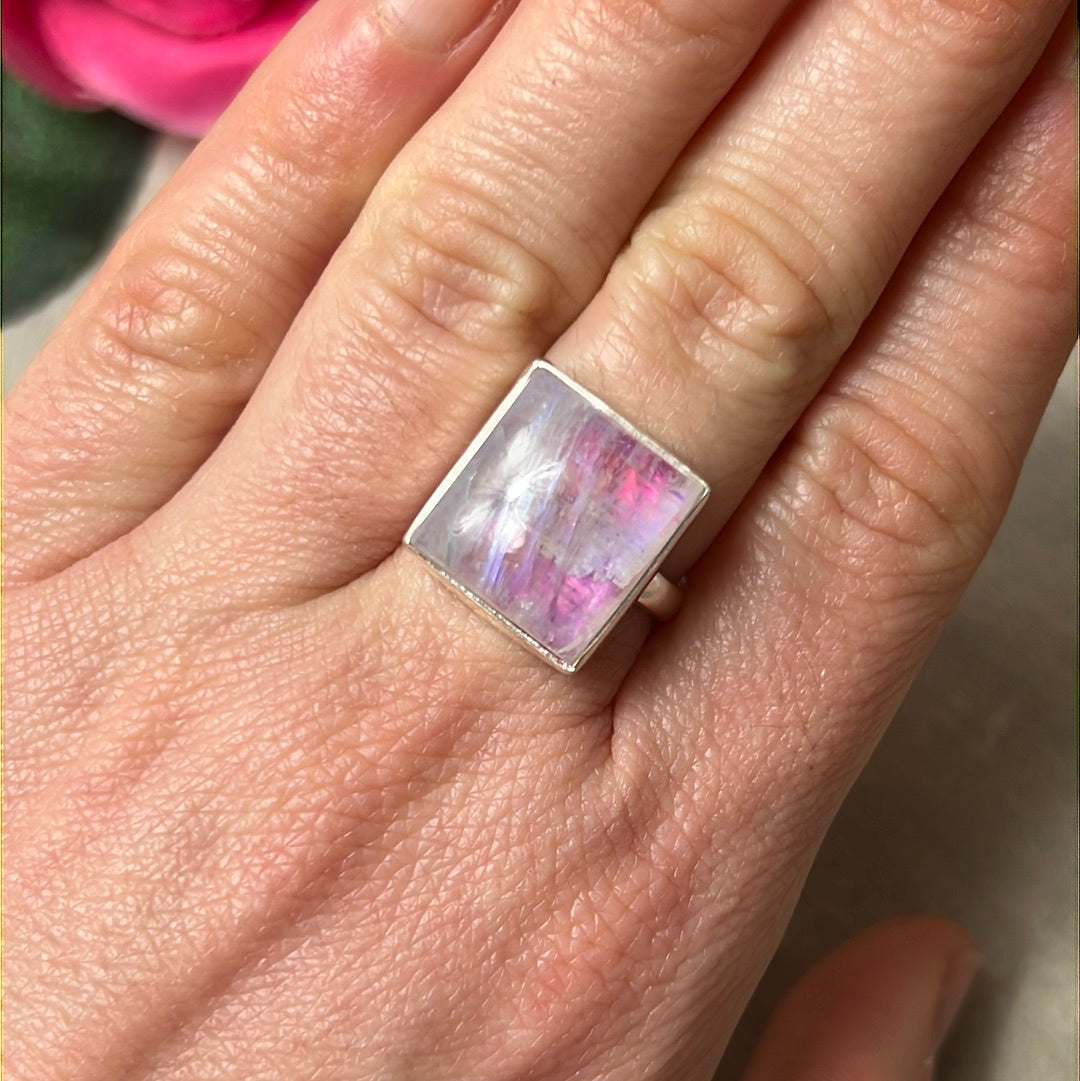Pink Moonstone 925 Sterling Silver Ring -  Size M