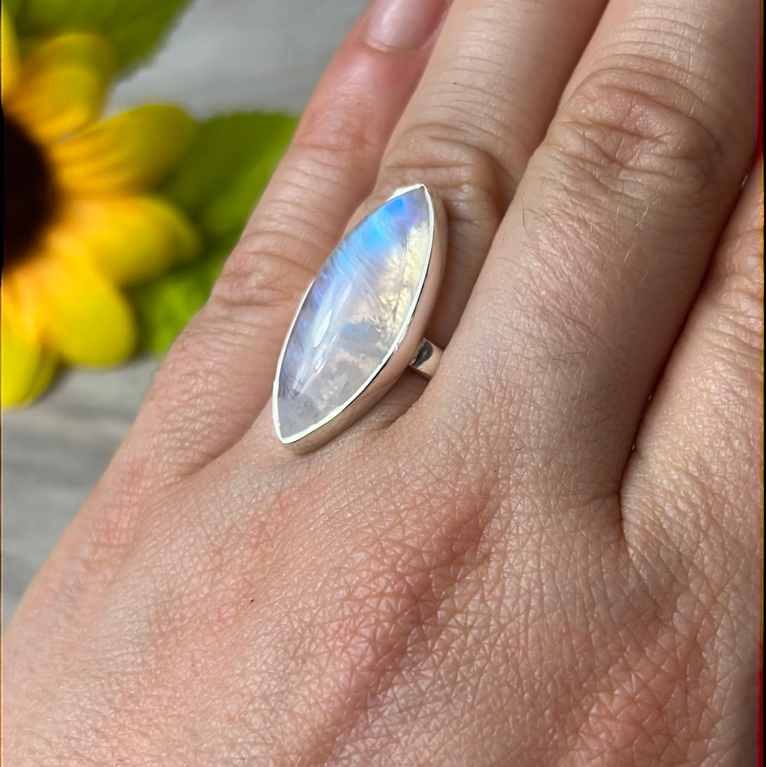Rainbow Moonstone  AA GRADE 925 Silver Ring -  Size L 1/2