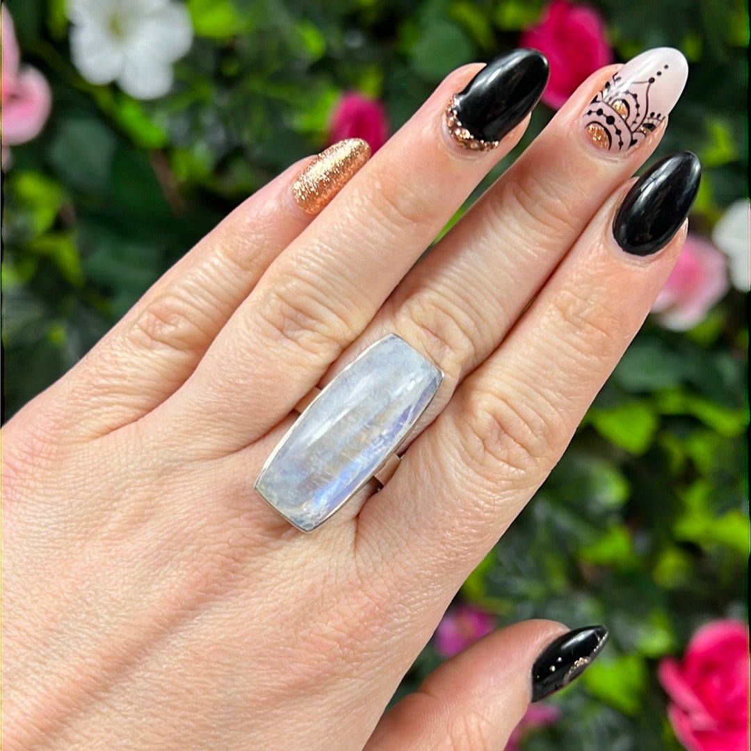 Rainbow Moonstone 925 Silver Ring -  Size T 1/2 - U