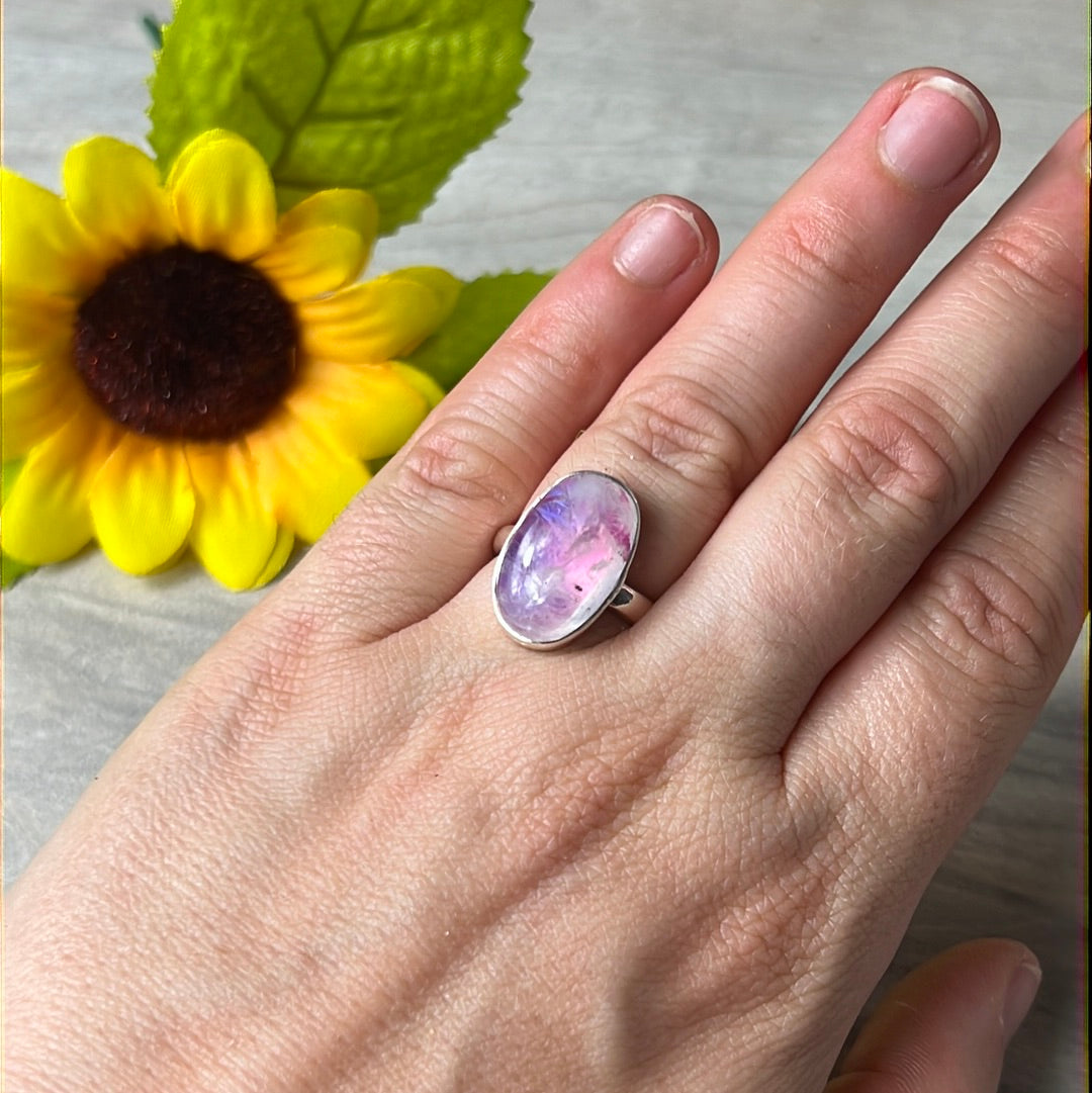 Pink Moonstone 925 Silver Ring - Size L 1/2