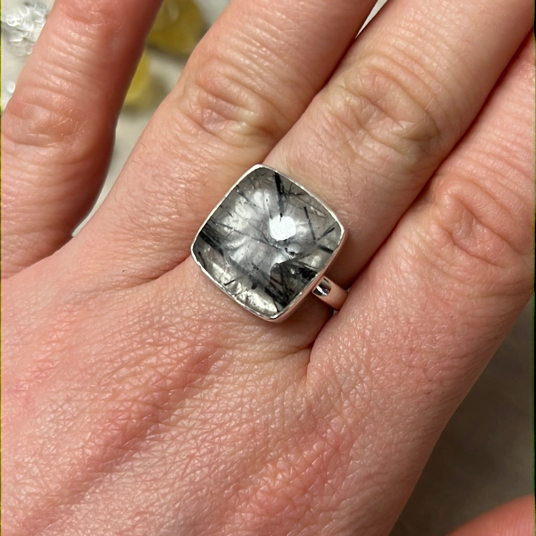 Rutile Tourmaline in Quartz AA GRADE 925 Silver Ring - Size M