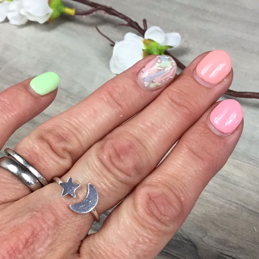 Adjustable Moon & Star 925 Sterling Silver Ring