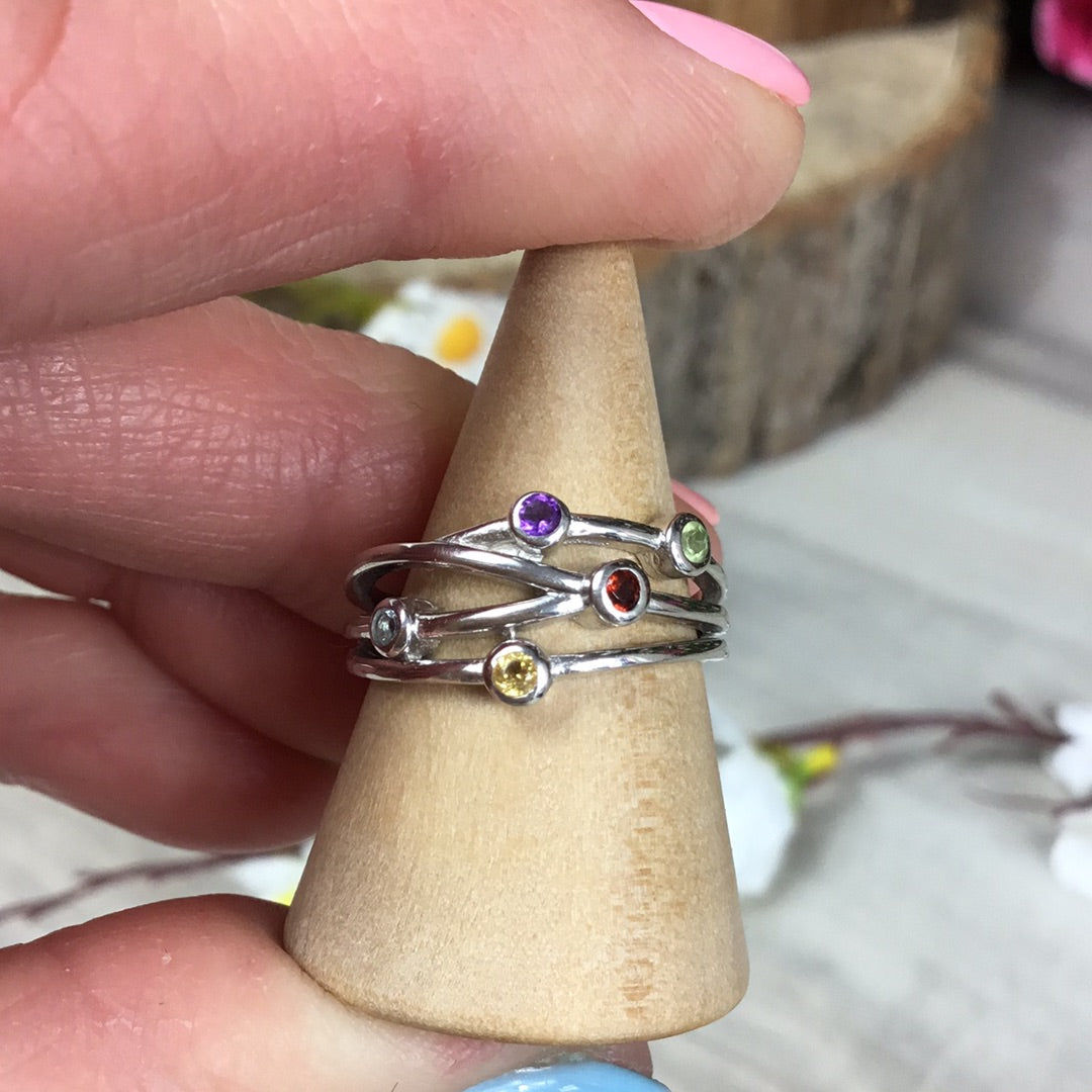 Multi Gem Bar 925 Sterling Silver Ring - Size L