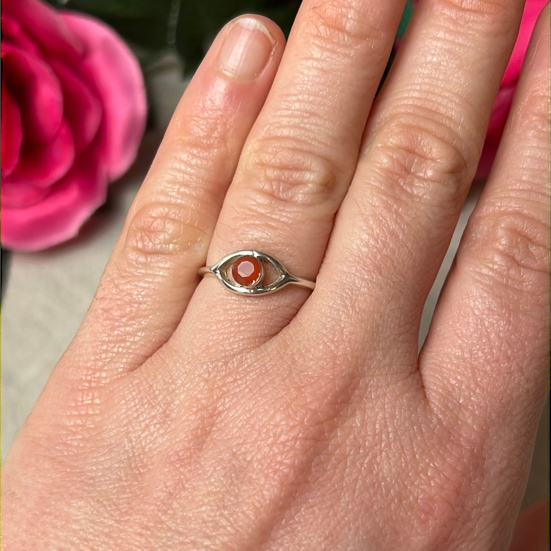 Carnelian Facet Evil Eye 925 Silver Ring - Size L 1/2