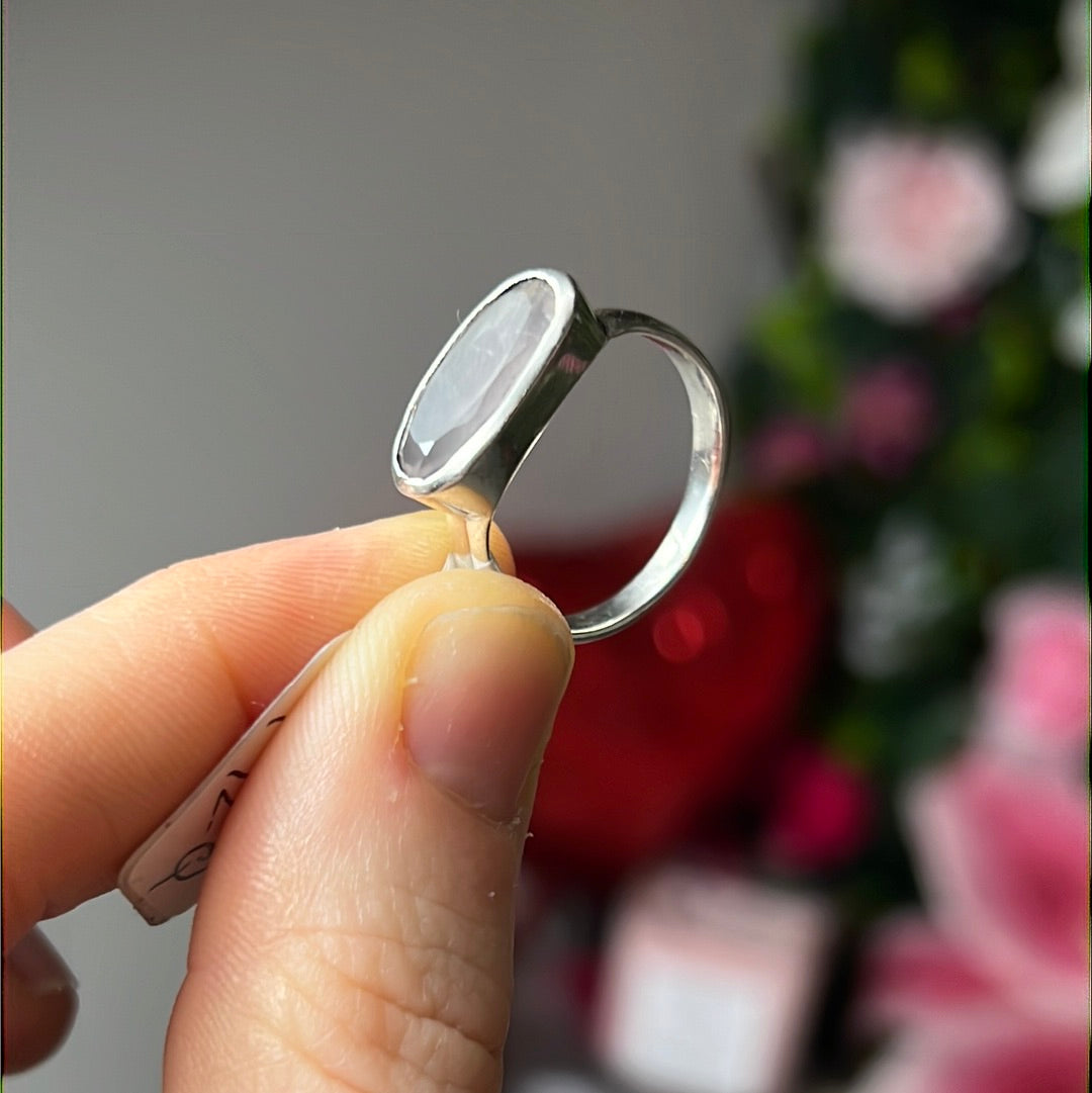 Rose Quartz Facet Bar 925 Sterling Silver Ring - Size P 1/2- Q