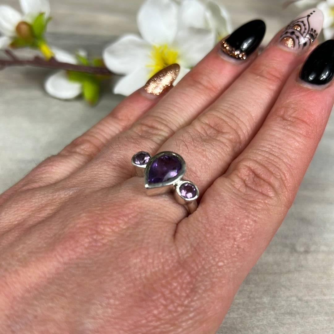 Amethyst Facet 925 Sterling Silver Ring -  Size P 1/2
