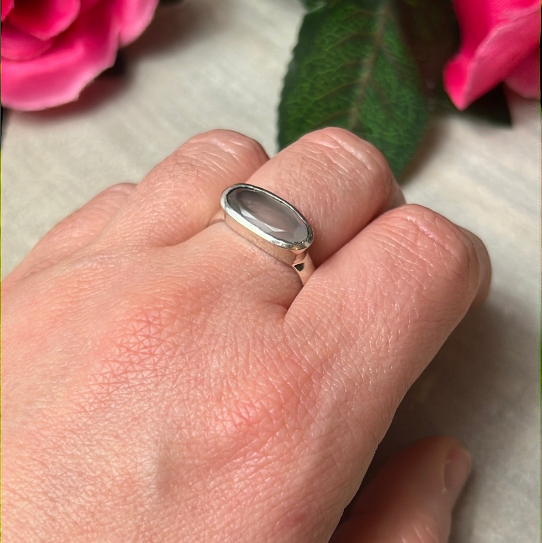 Rose Quartz Facet Bar 925 Sterling Silver Ring - Size P 1/2- Q