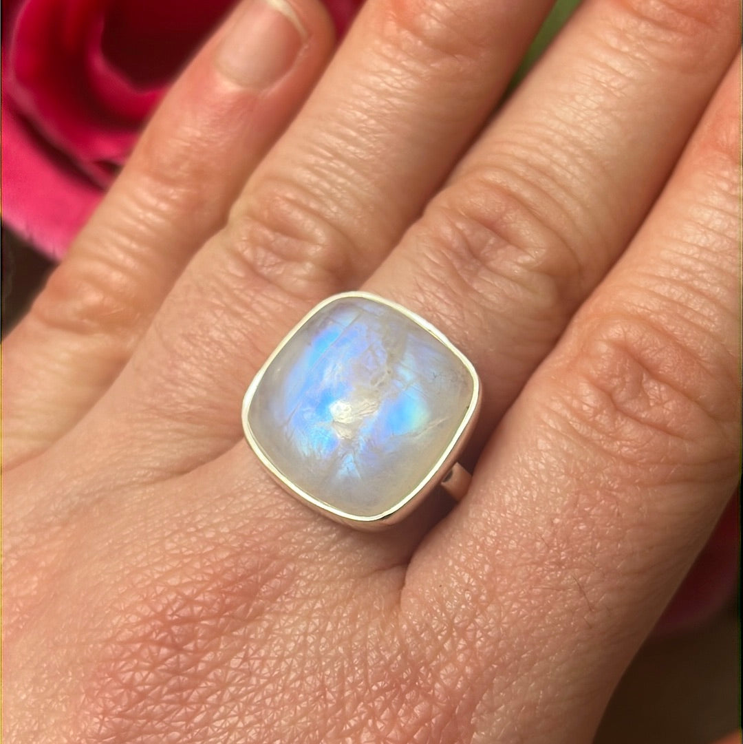 Rainbow Moonstone AA GRADE 925 Sterling Silver Ring - Size S