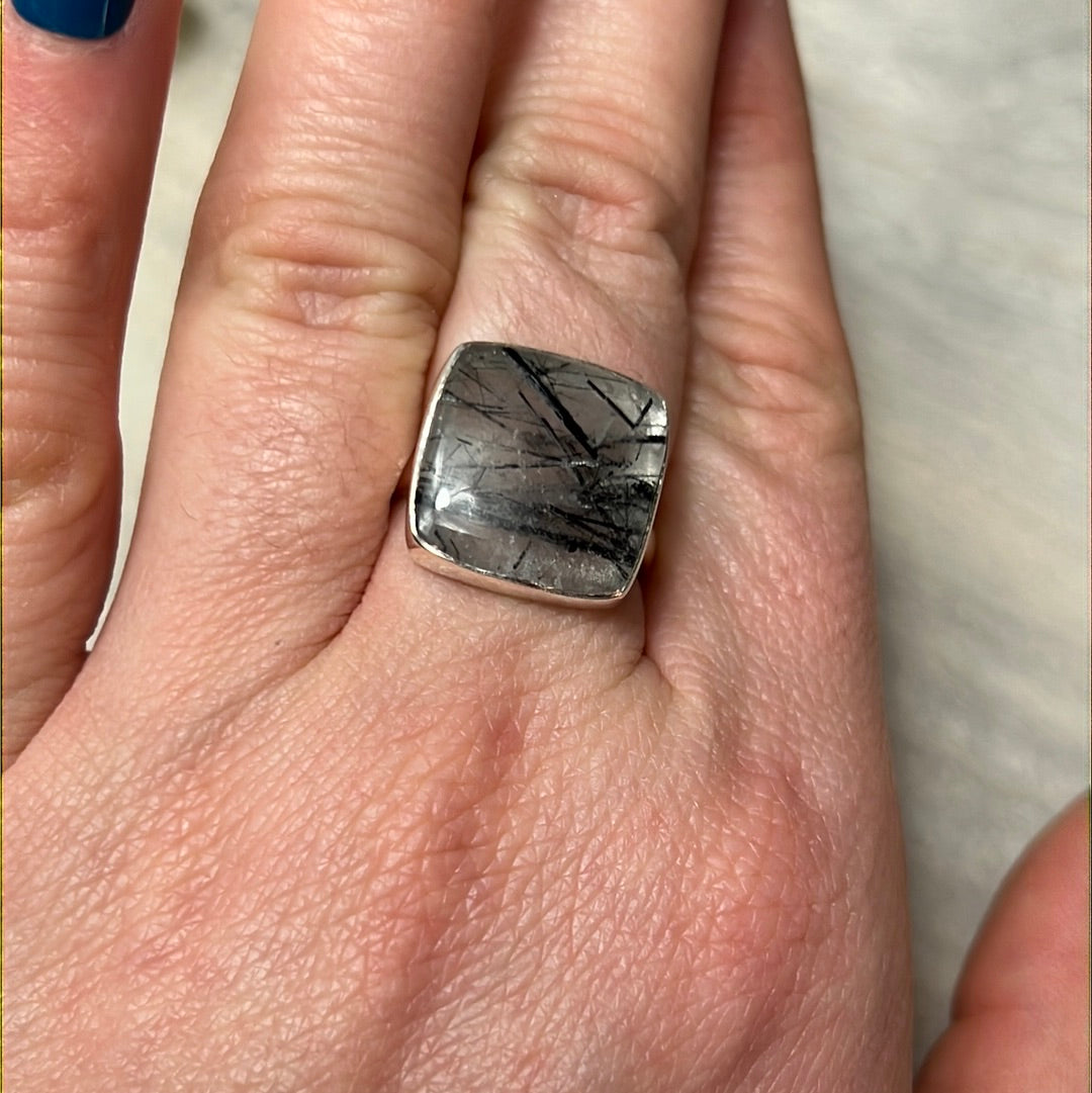 Rutile Tourmaline in Quartz AA GRADE 925 Silver Ring - Size M