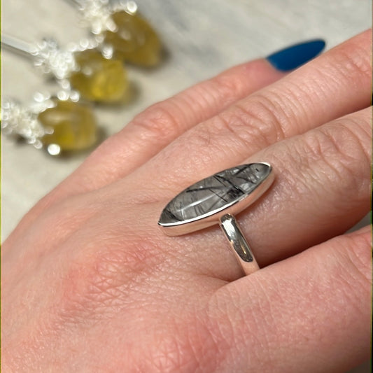 Rutile Tourmaline in Quartz AA GRADE - 925 Sterling Silver Ring - Size P 1/2