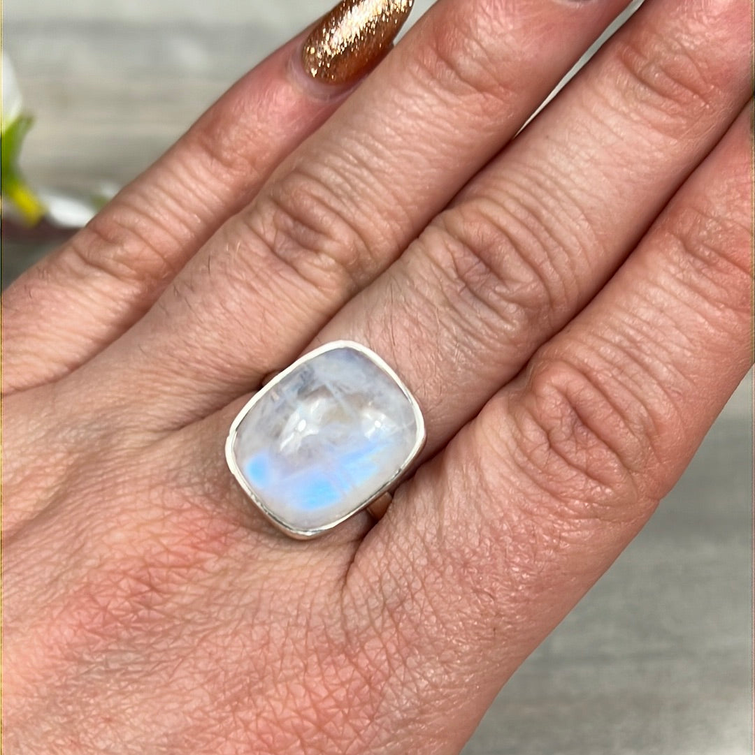 Rainbow Moonstone 925 Silver Ring -  Size O - O 1/2