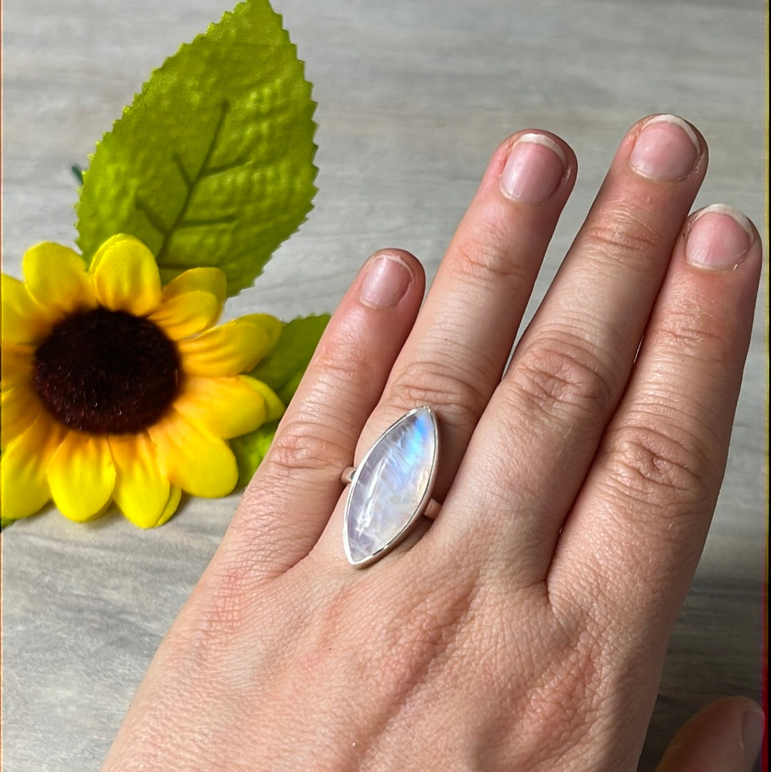 Rainbow Moonstone  AA GRADE 925 Silver Ring -  Size L 1/2