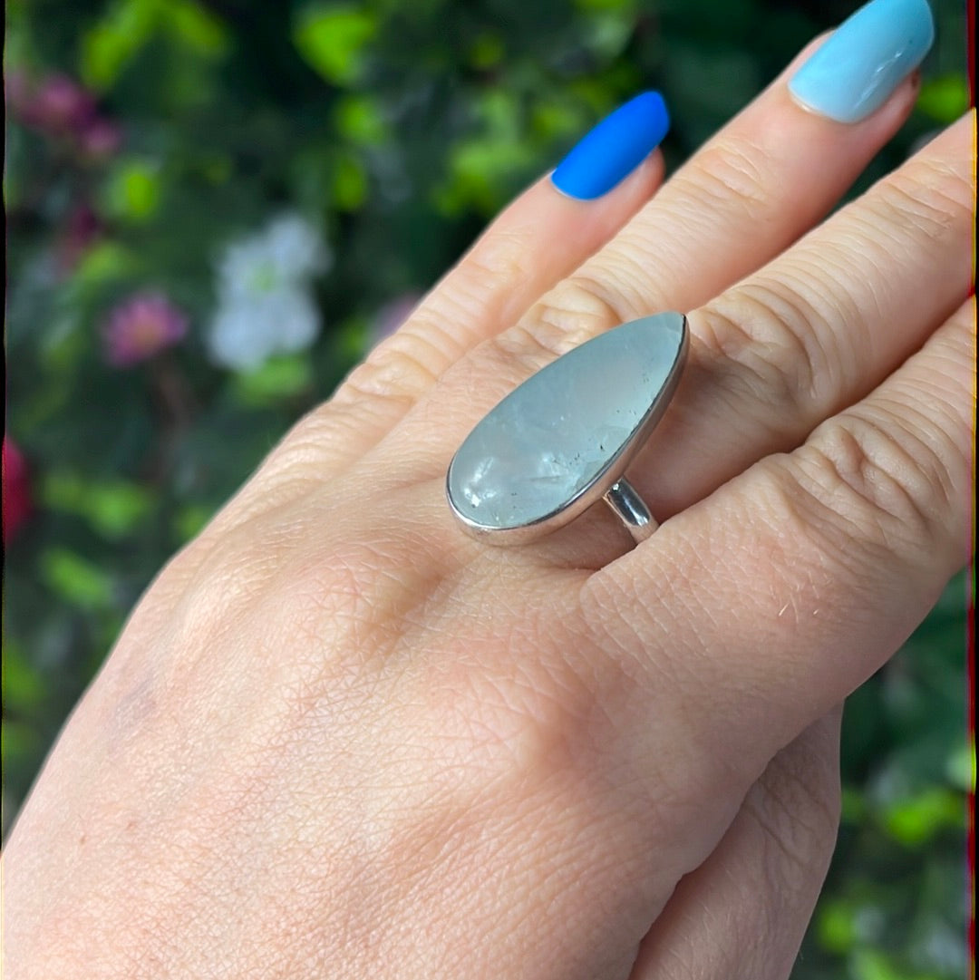 Aquatine Lemurian Calcite 925 Sterling Silver Ring -  Size P 1/2
