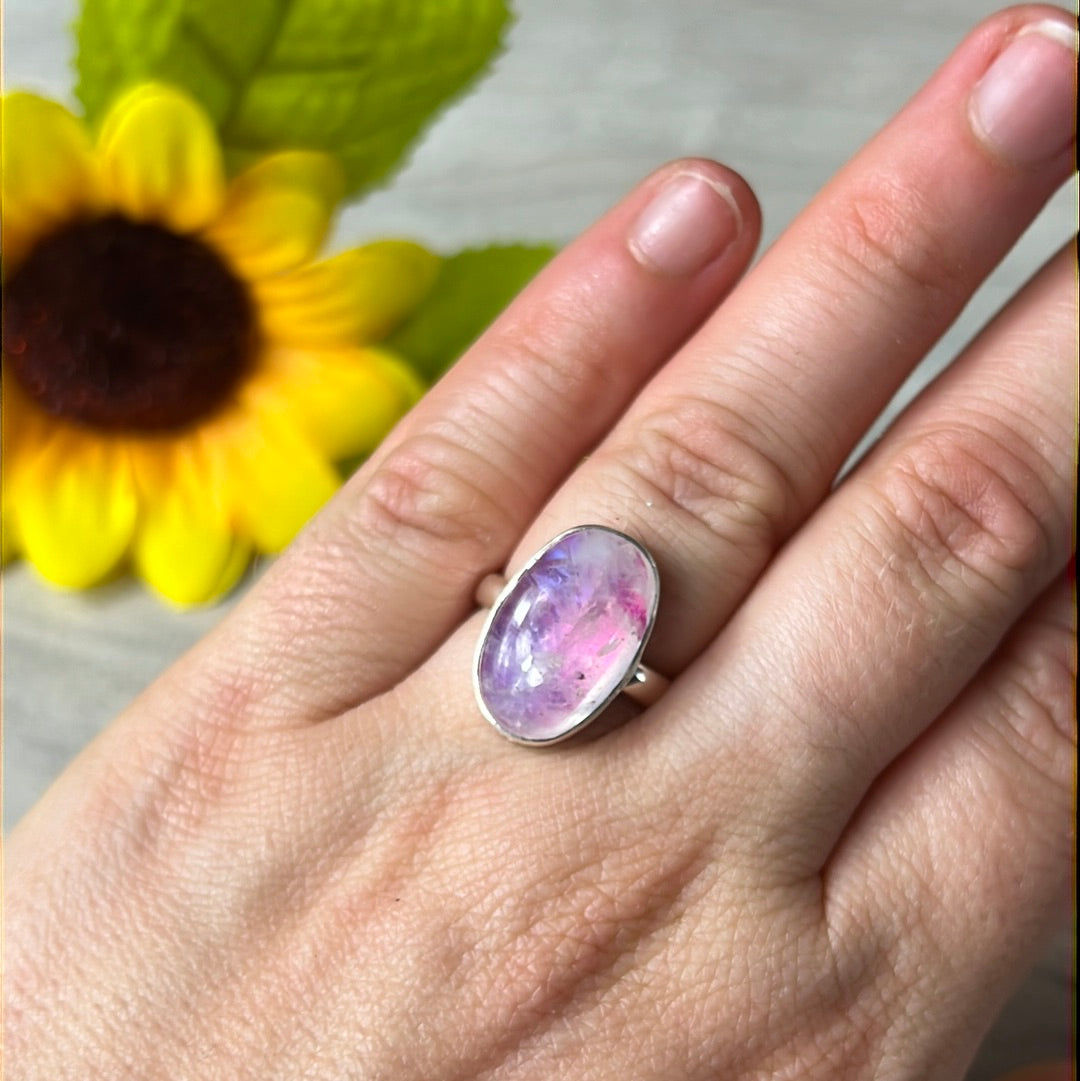 Pink Moonstone 925 Silver Ring - Size L 1/2