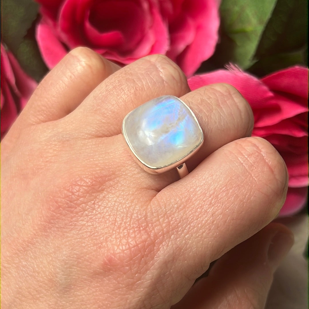 Rainbow Moonstone AA GRADE 925 Sterling Silver Ring - Size S