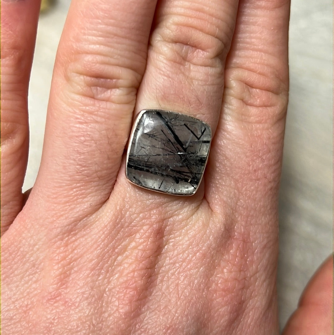 Rutile Tourmaline in Quartz AA GRADE 925 Silver Ring - Size M