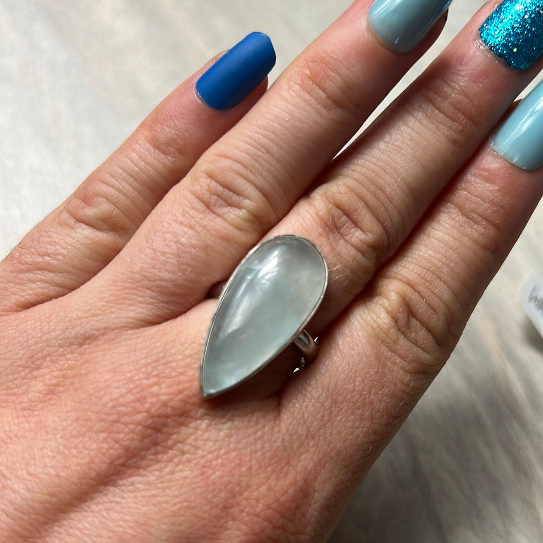 Aquatine Lemurian Calcite 925 Sterling Silver Ring -  Size P 1/2