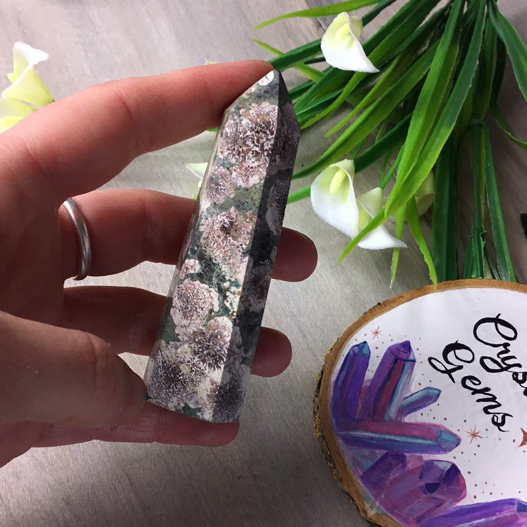 Rhyolite flowers in green African Jasper Tower