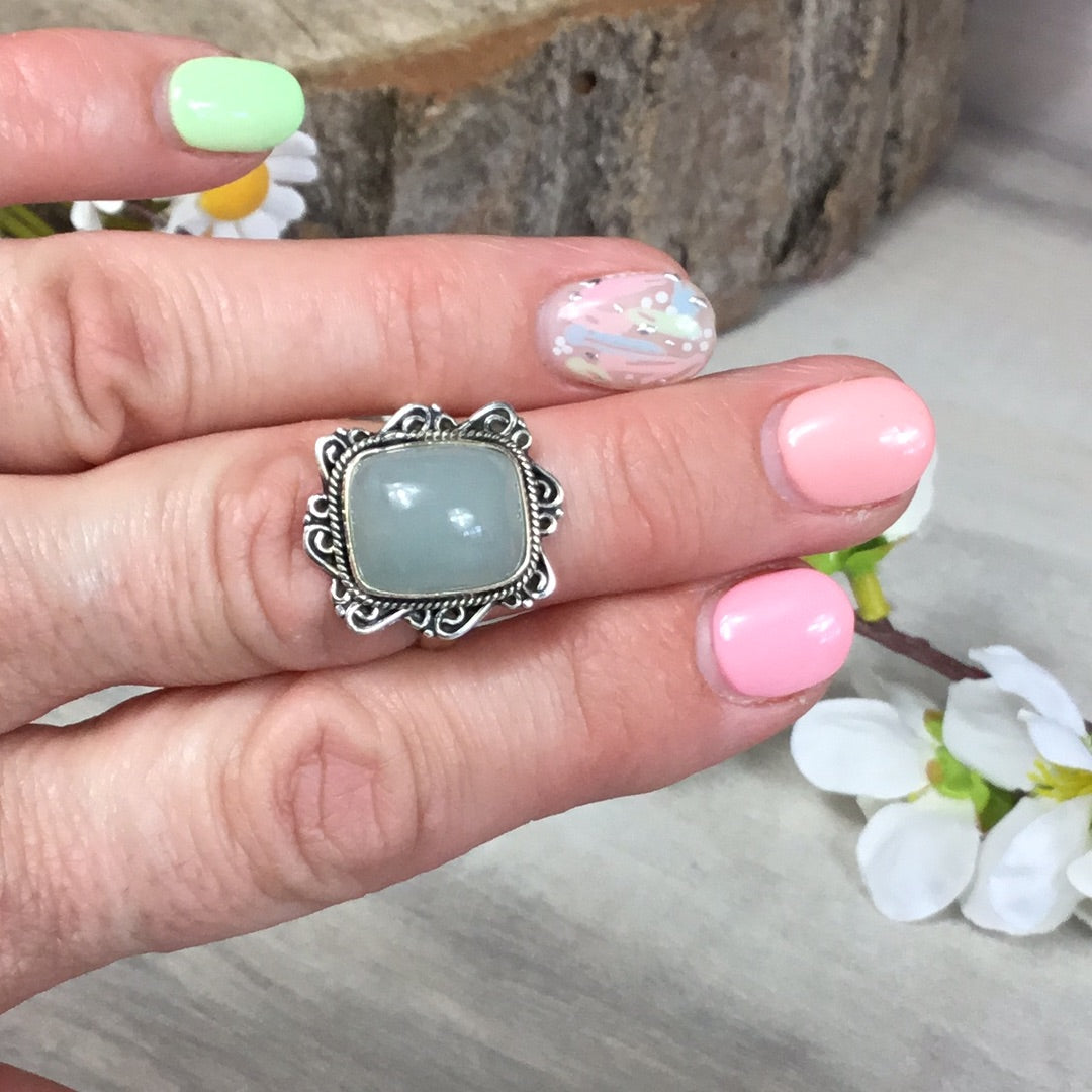 Aquamarine 925 Silver Ring -  Size N