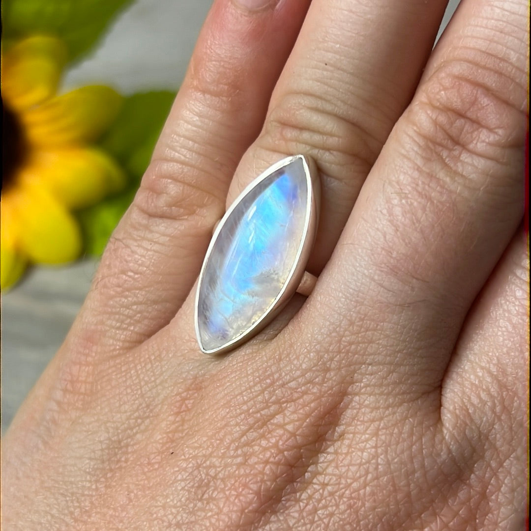 Rainbow Moonstone  AA GRADE 925 Silver Ring -  Size L 1/2