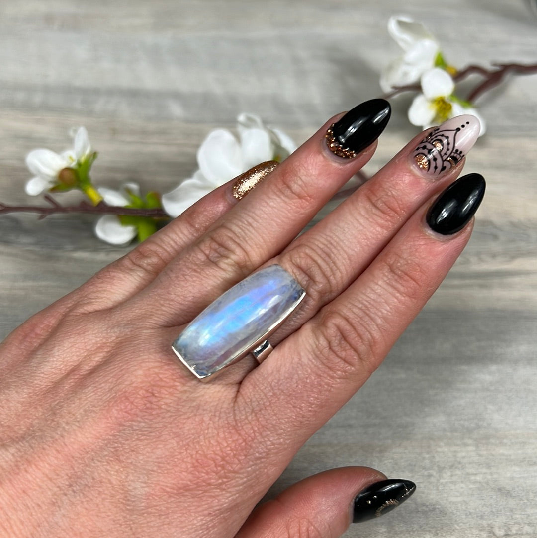 Rainbow Moonstone 925 Silver Ring -  Size T 1/2 - U