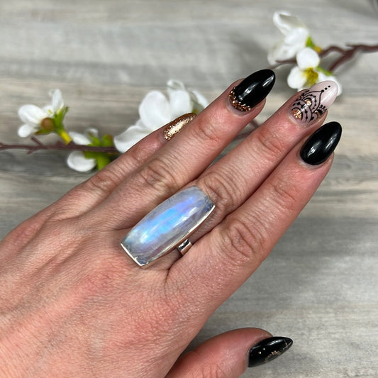 Rainbow Moonstone 925 Silver Ring -  Size T 1/2 - U