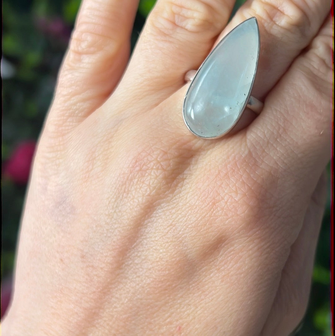 Aquatine Lemurian Calcite 925 Sterling Silver Ring -  Size P 1/2