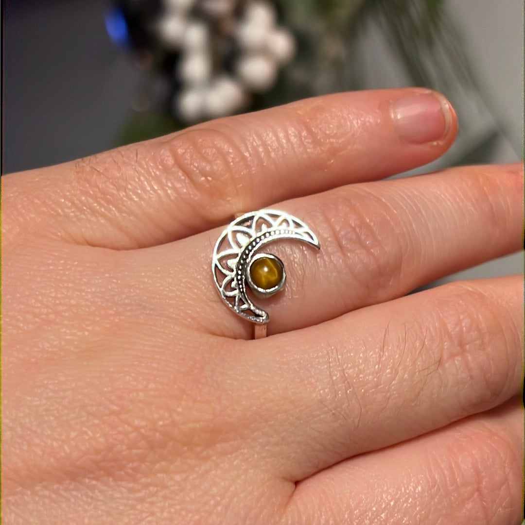 Tigers Eye Delicate Moon 925 Silver Ring - Size N 1/2 - O