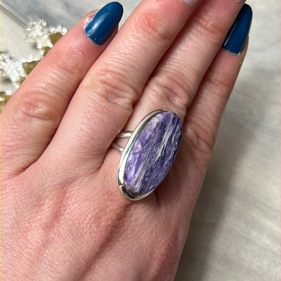 Charoite 925 Silver Ring - Size P