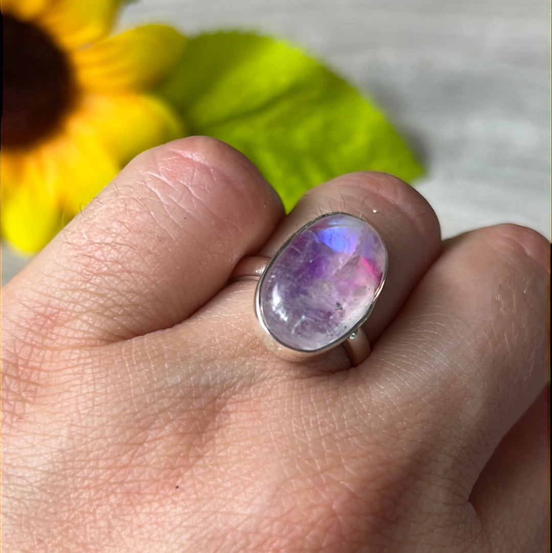 Pink Moonstone 925 Silver Ring - Size L 1/2