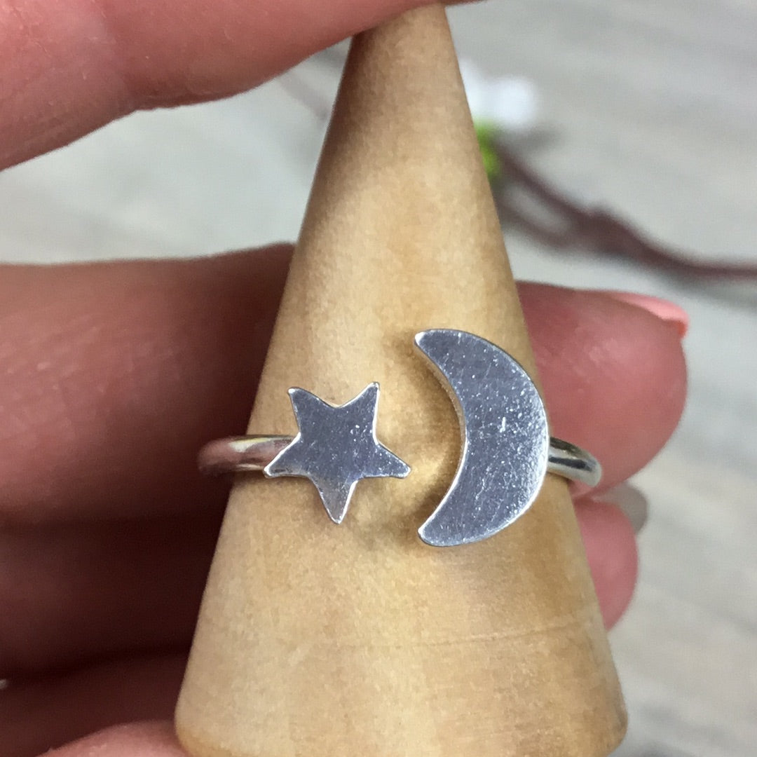 Adjustable Moon & Star 925 Sterling Silver Ring