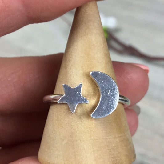 Adjustable Moon & Star 925 Sterling Silver Ring