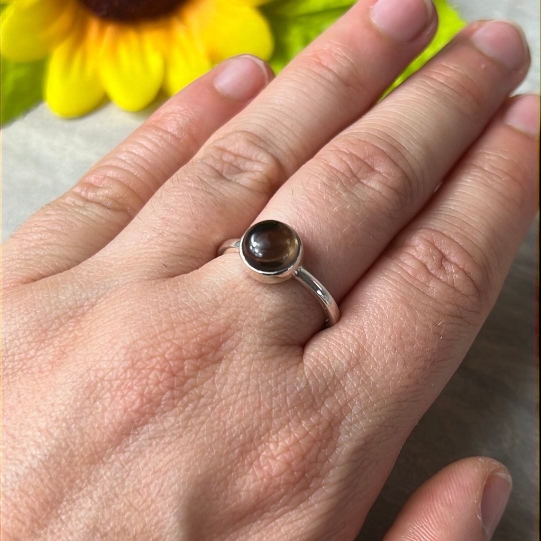 Smoky Quartz 925 Silver Ring -  Size Q