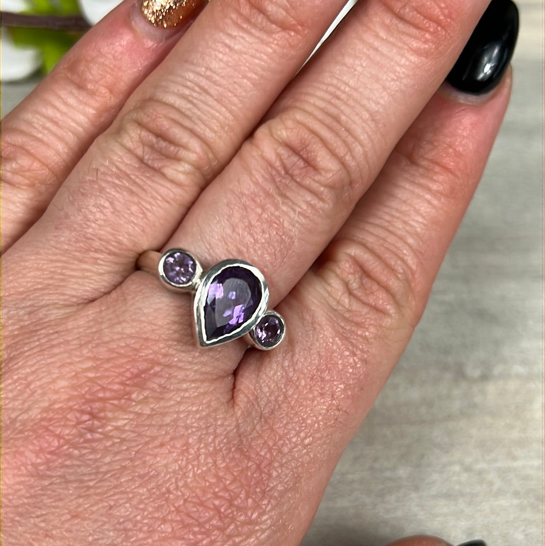Amethyst Facet 925 Sterling Silver Ring -  Size P 1/2