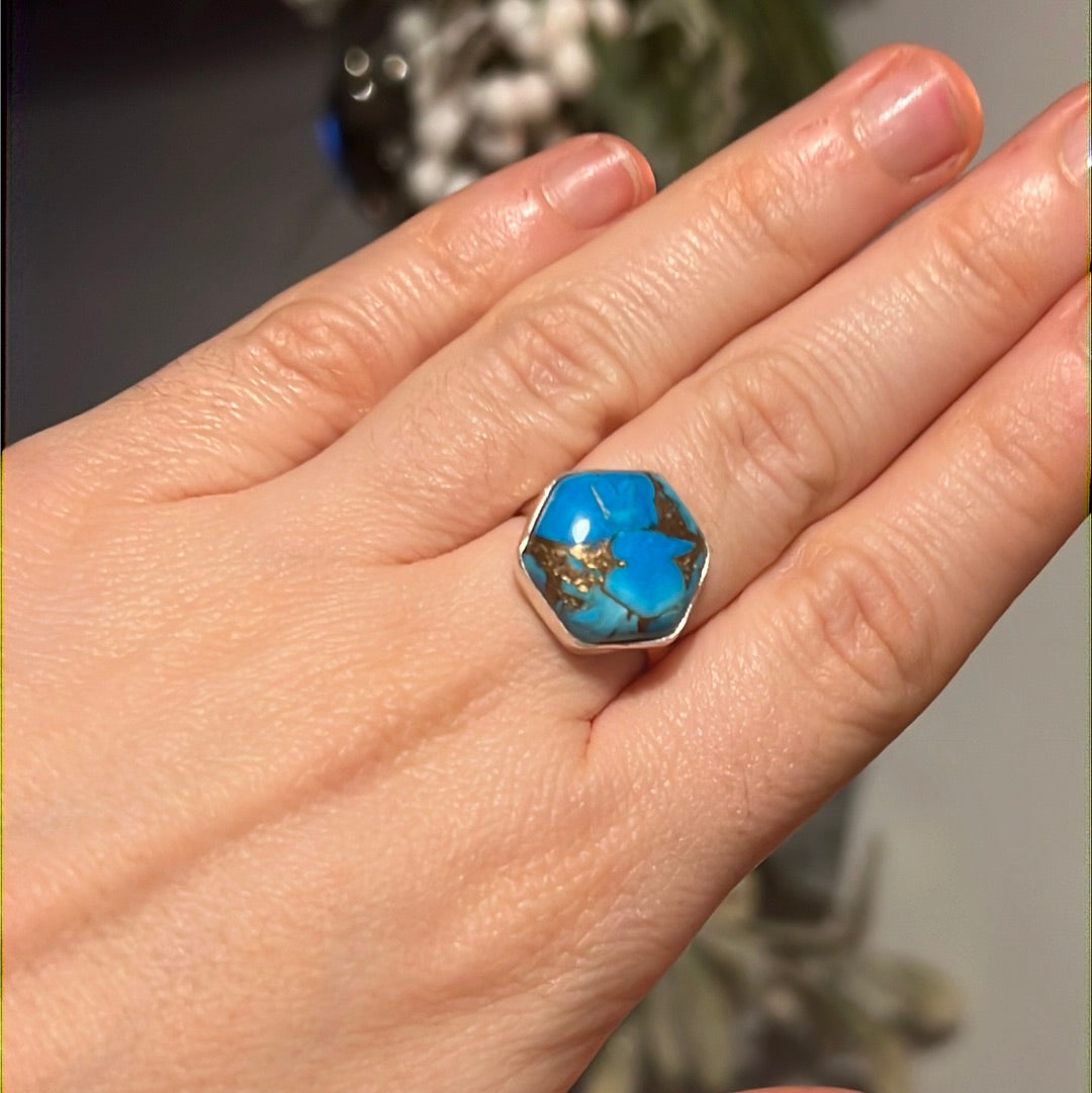 Copper Turquoise 925 Sterling Silver Ring -  Size M - M 1/2