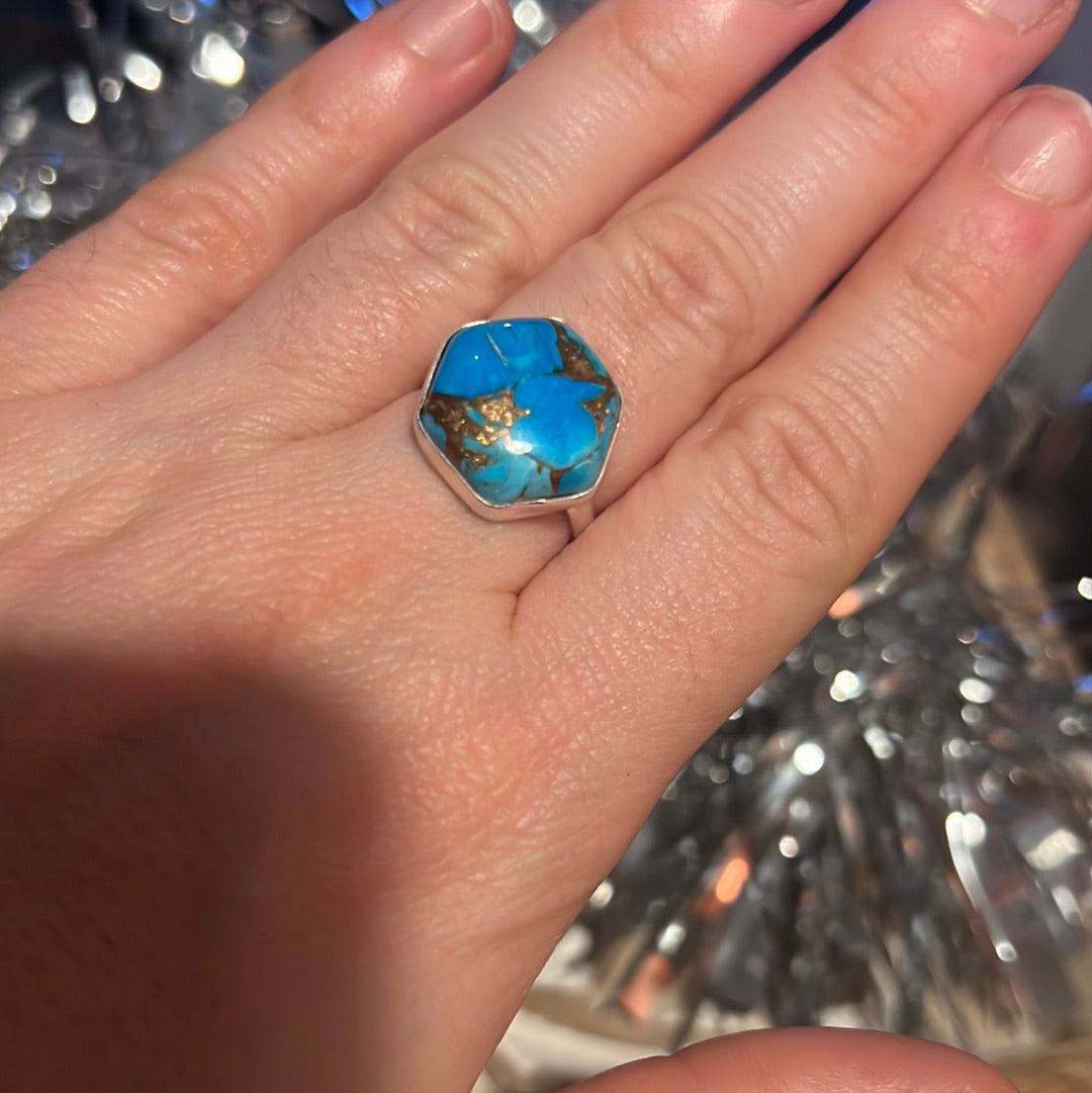 Copper Turquoise 925 Sterling Silver Ring -  Size M - M 1/2