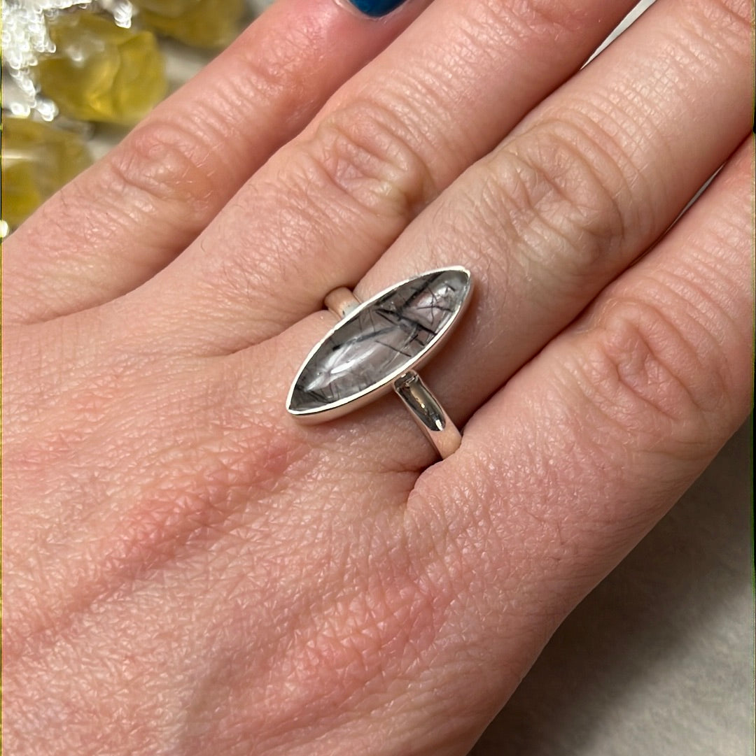 Rutile Tourmaline in Quartz AA GRADE - 925 Sterling Silver Ring - Size P 1/2