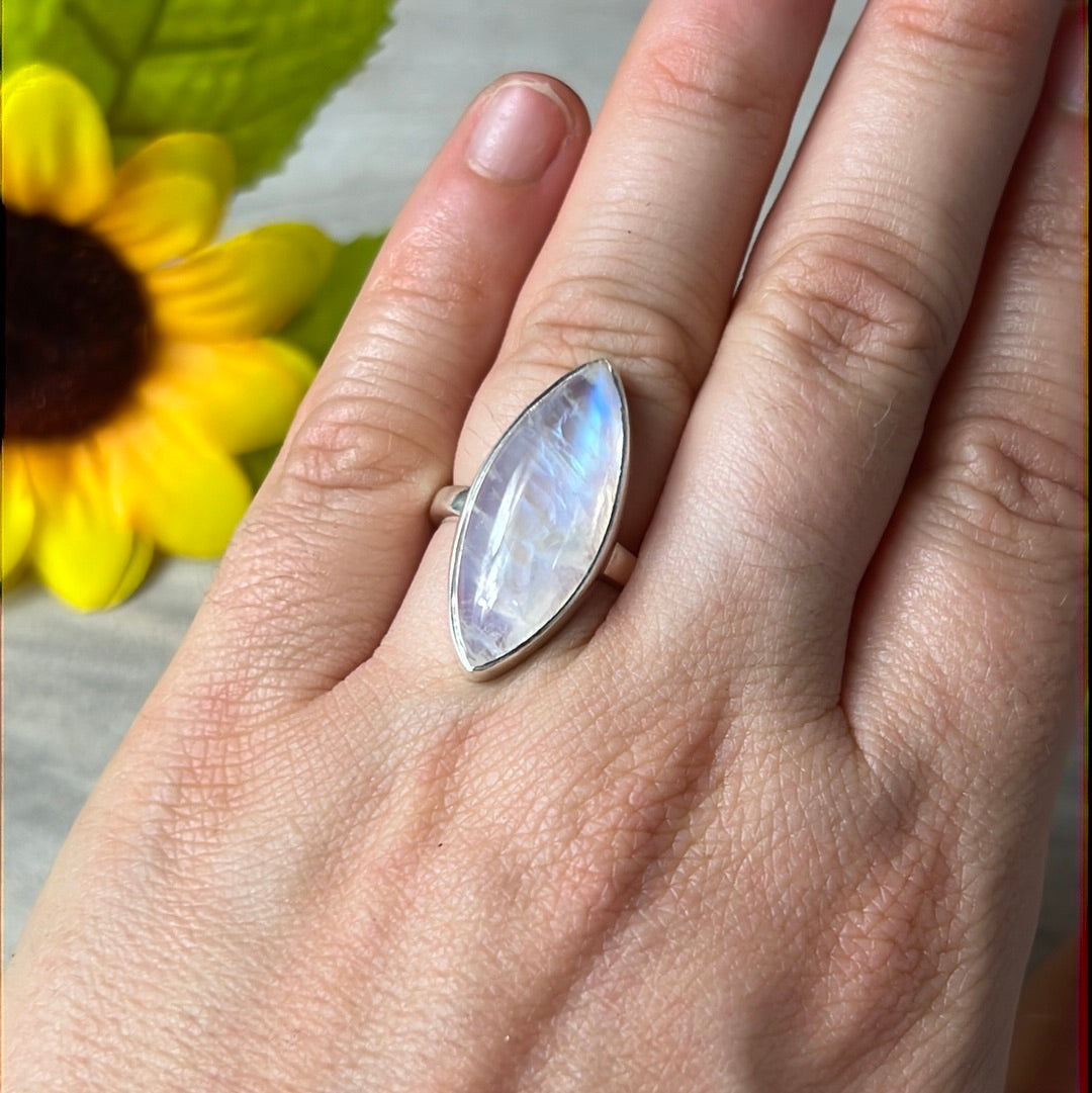 Rainbow Moonstone  AA GRADE 925 Silver Ring -  Size L 1/2