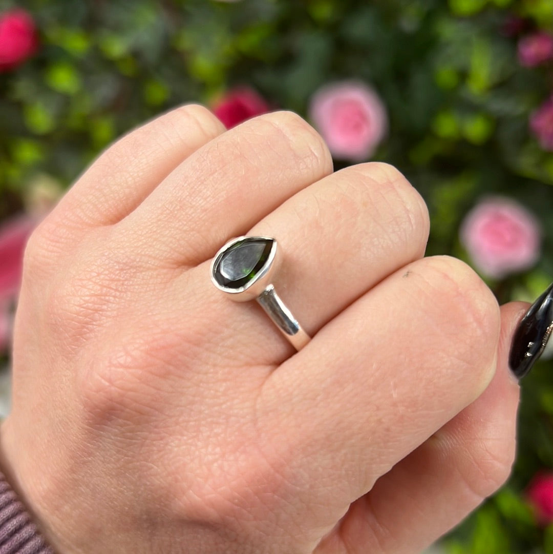 Green Tourmaline 925 Silver Ring - Size S