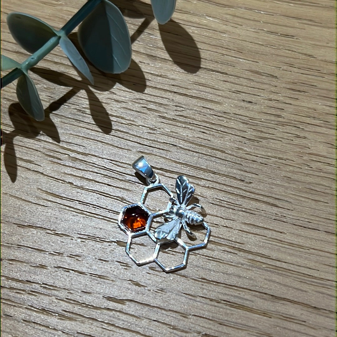 Amber Bee Honeycomb 925 Sterling Silver Pendant