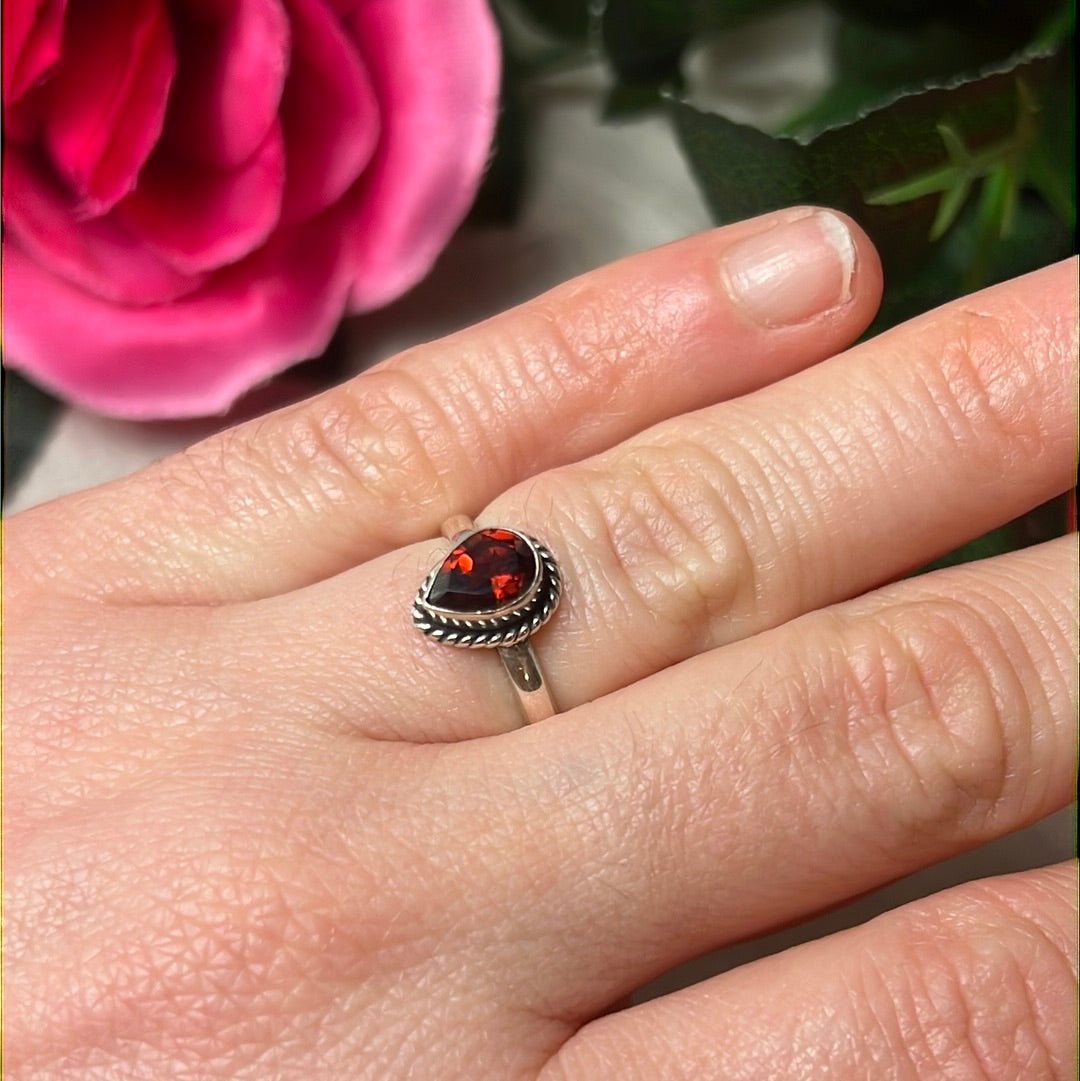 Garnet Facet 925 Silver Ring - Size L 1/2