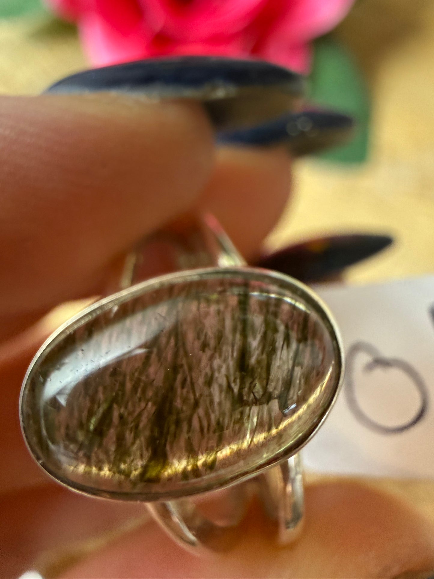 Green Rutile 925 Silver Ring - Size O 1/2