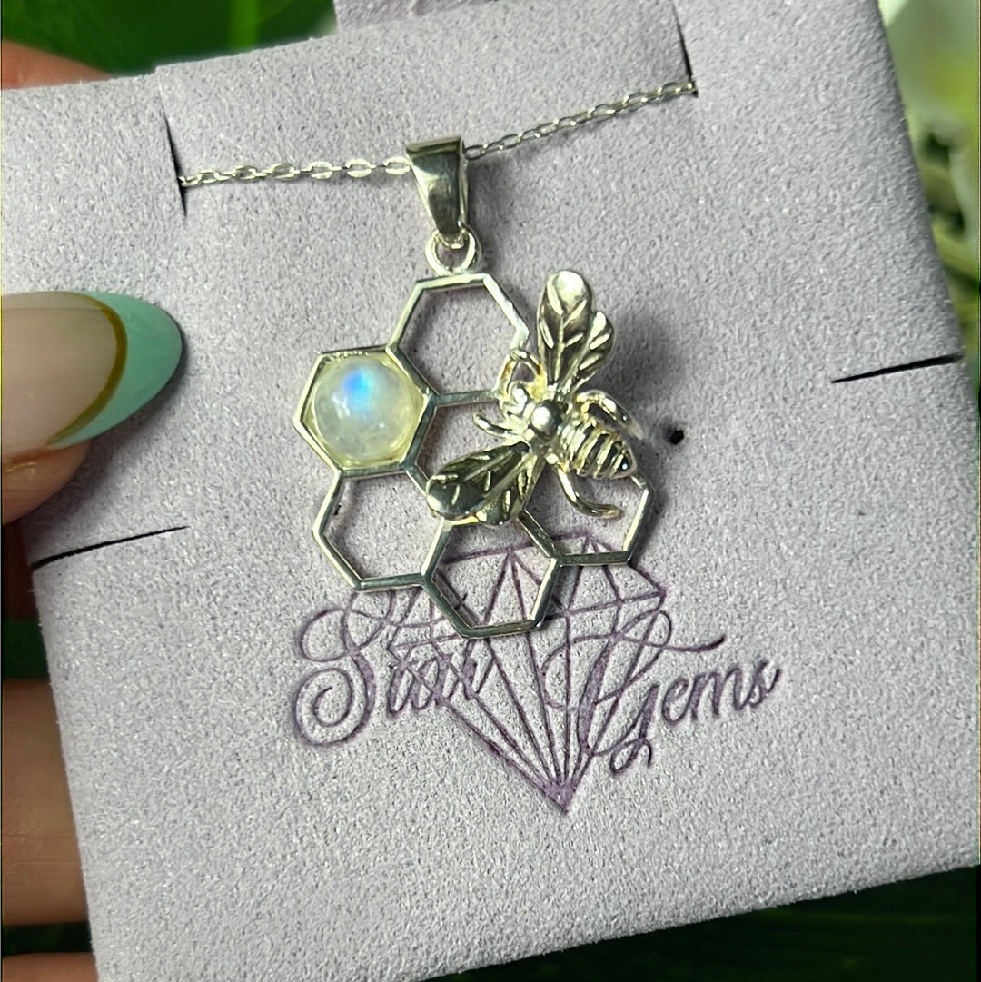 Moonstone Bee Honeycomb 925 Sterling Silver Pendant