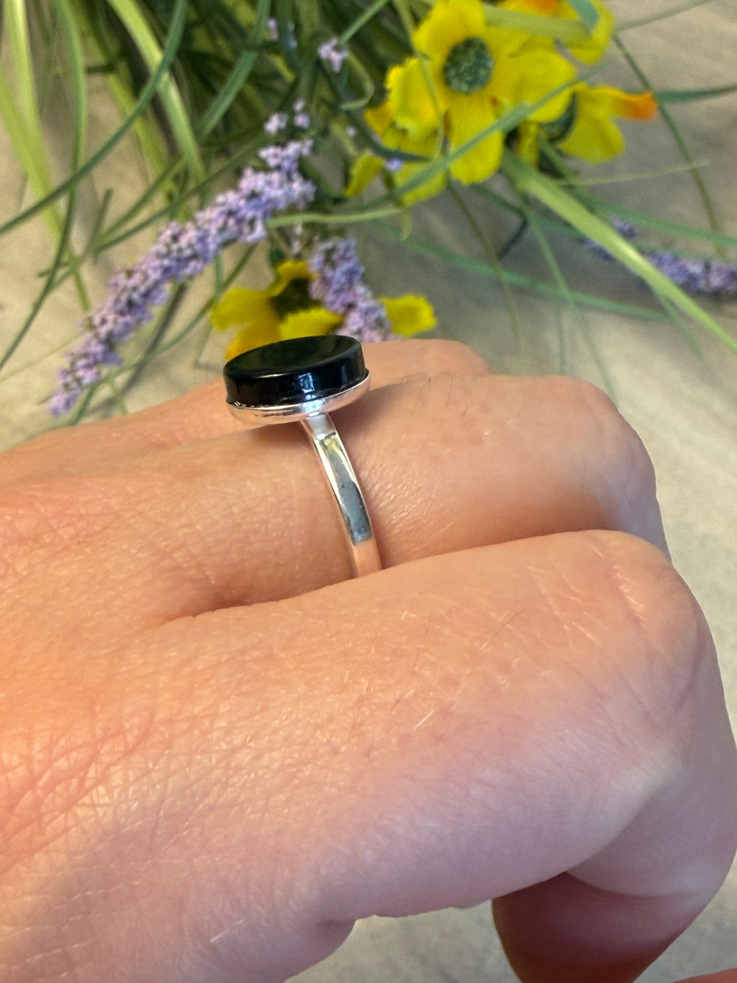 Handmade Black Agate 925 Silver Ring - Size N - N1/2