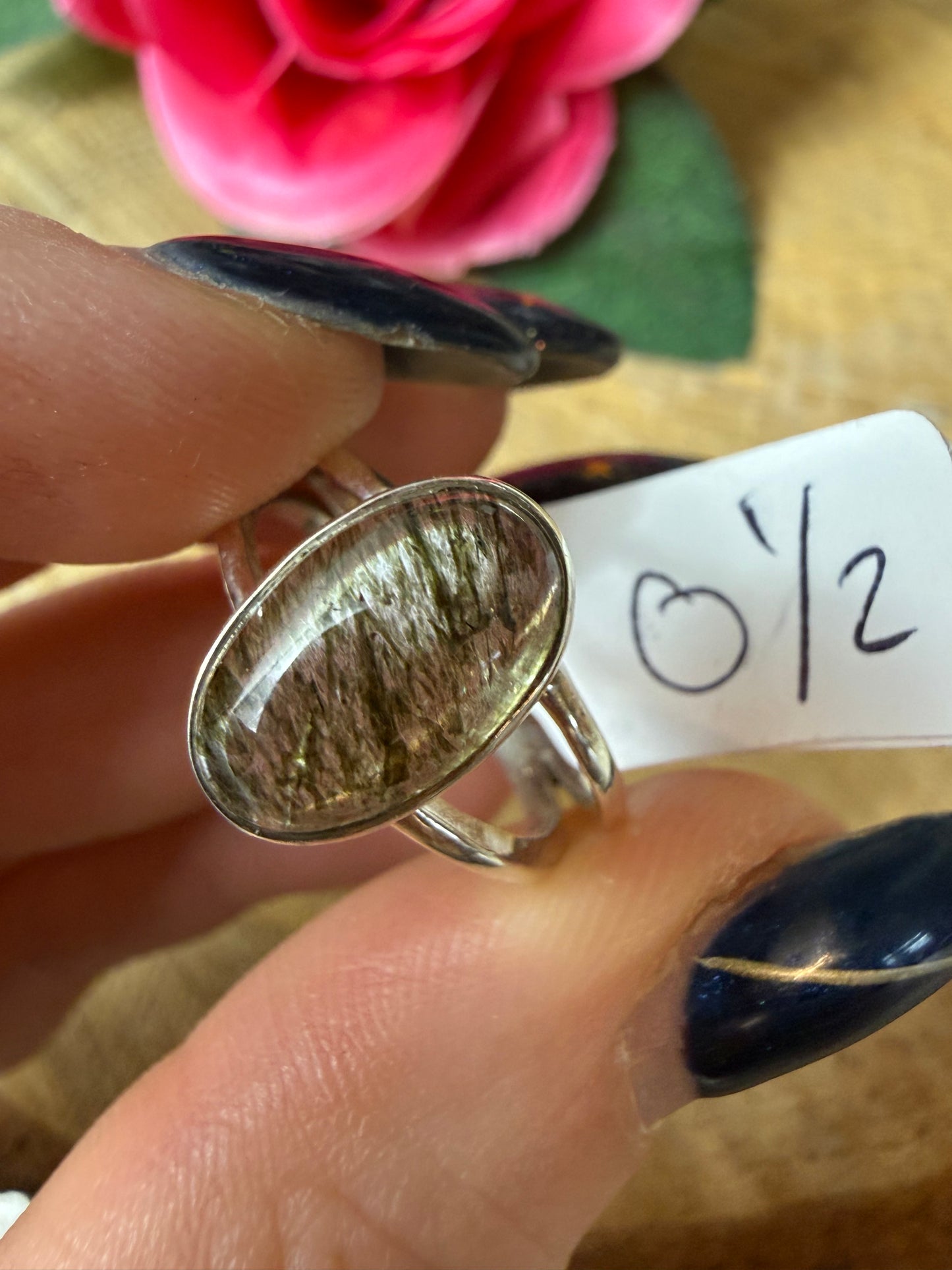 Green Rutile 925 Silver Ring - Size O 1/2