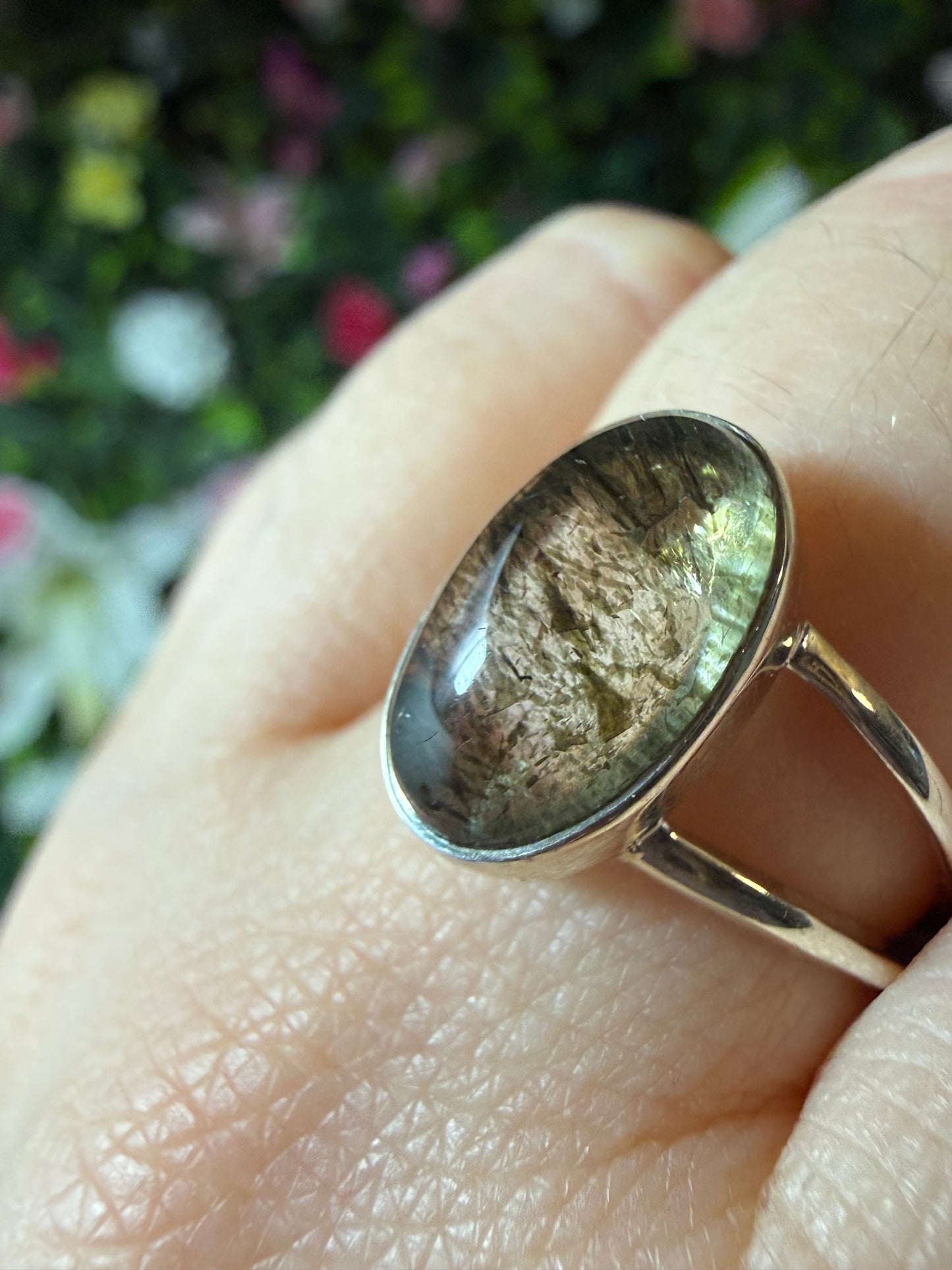 Green Rutile 925 Silver Ring - Size O 1/2
