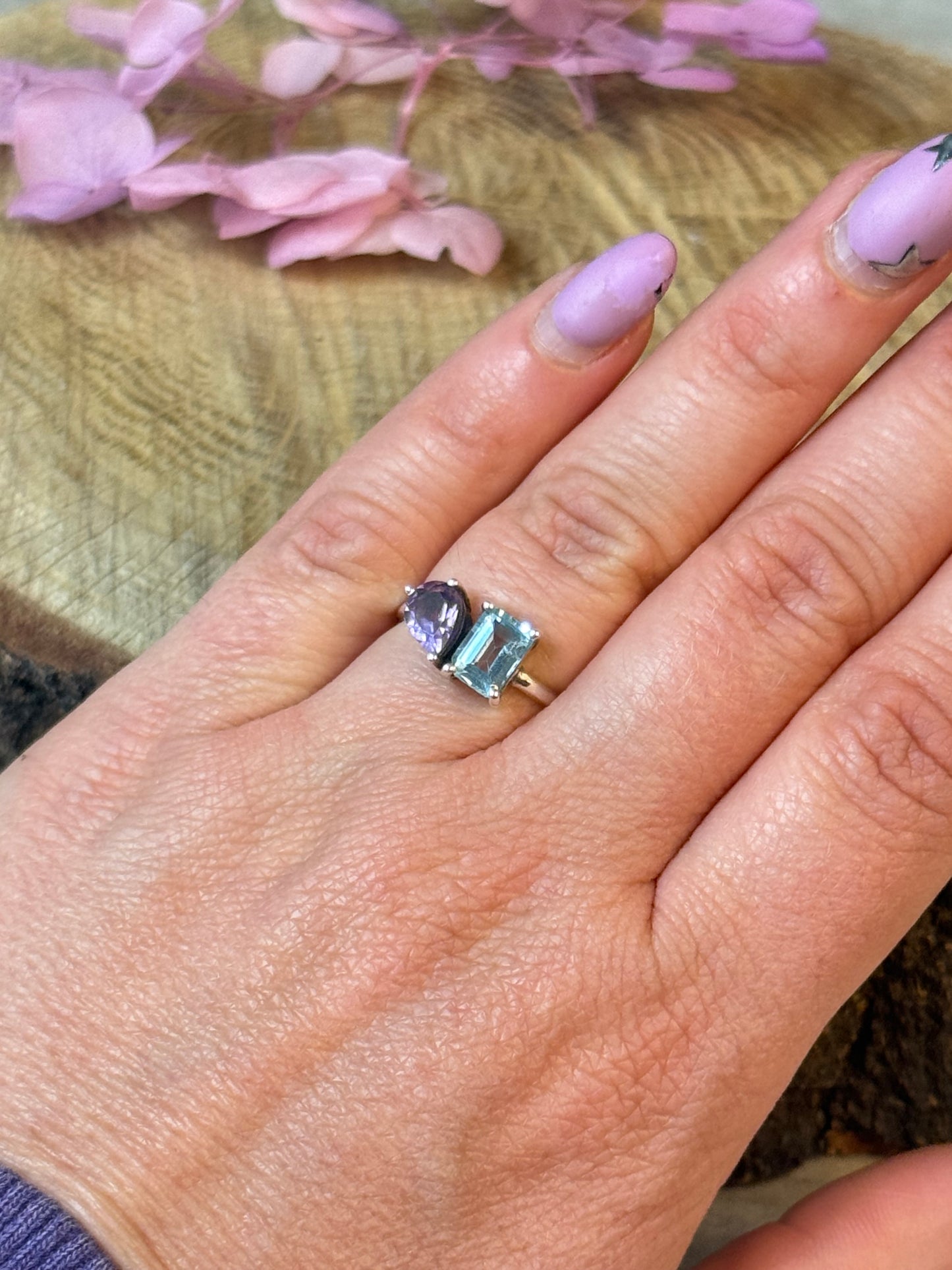 Duo Double Stone - Topaz / Amethyst 925 Silver Ring - Size M