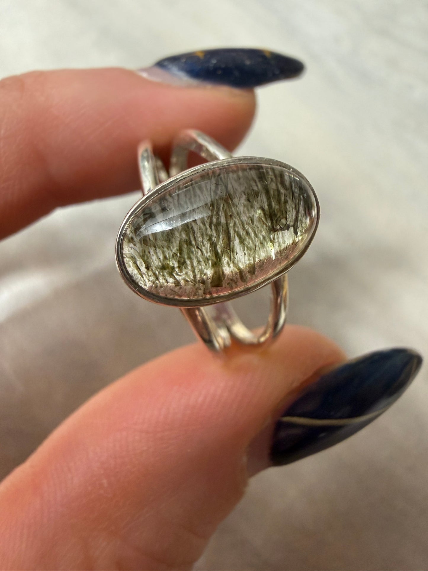 Green Rutile 925 Silver Ring - Size O 1/2