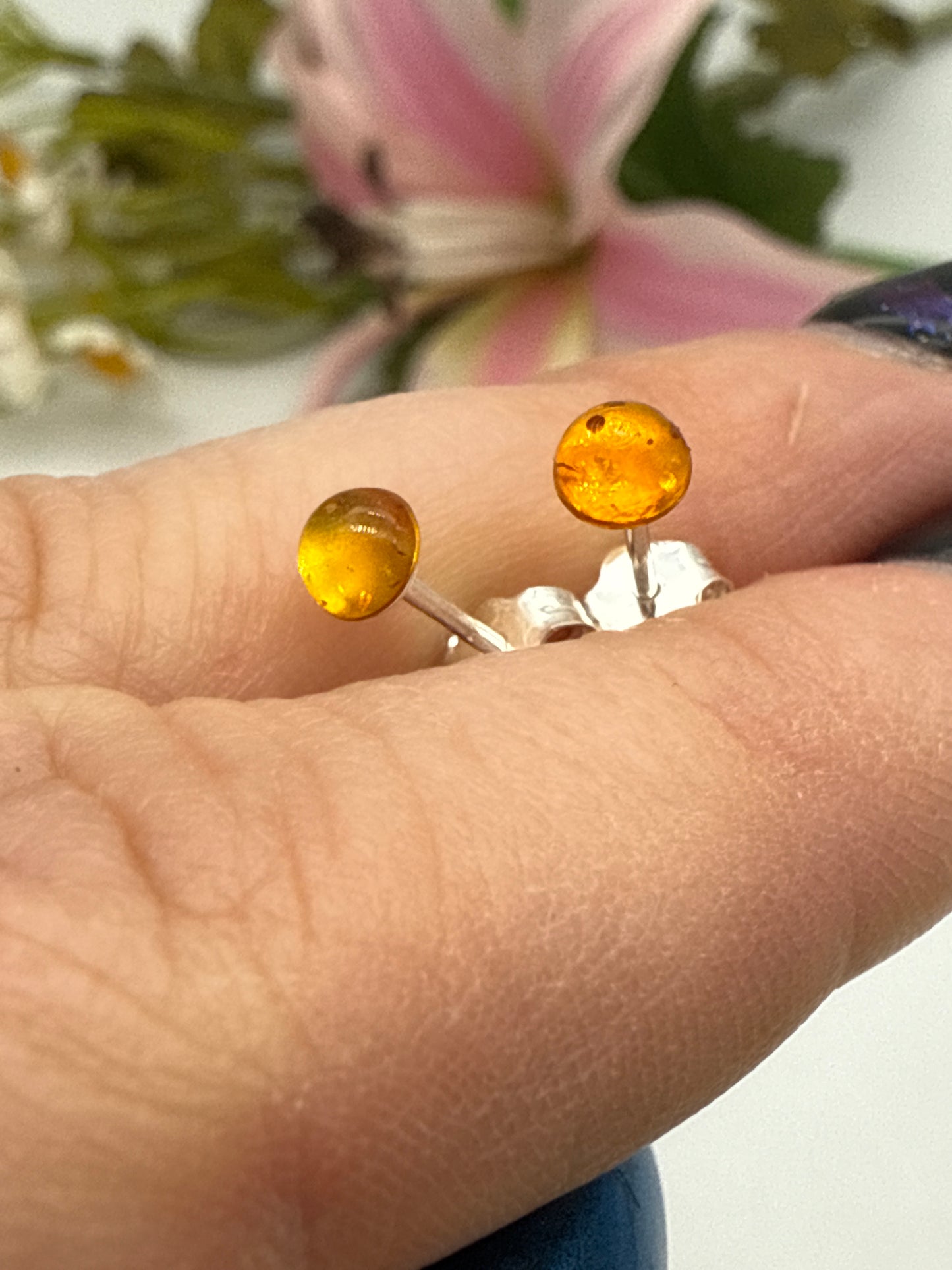 Handmade Amber 925 Earrings Studs - 4mm